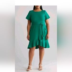 Calvin Klein Short Sleeve Ruffle Faux Wrap Dress Green Women's Plus Size 22